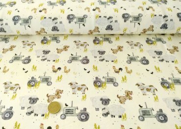 Happy Farm Hilco Sweatstoff in ecru mit Bauernhofmotiven